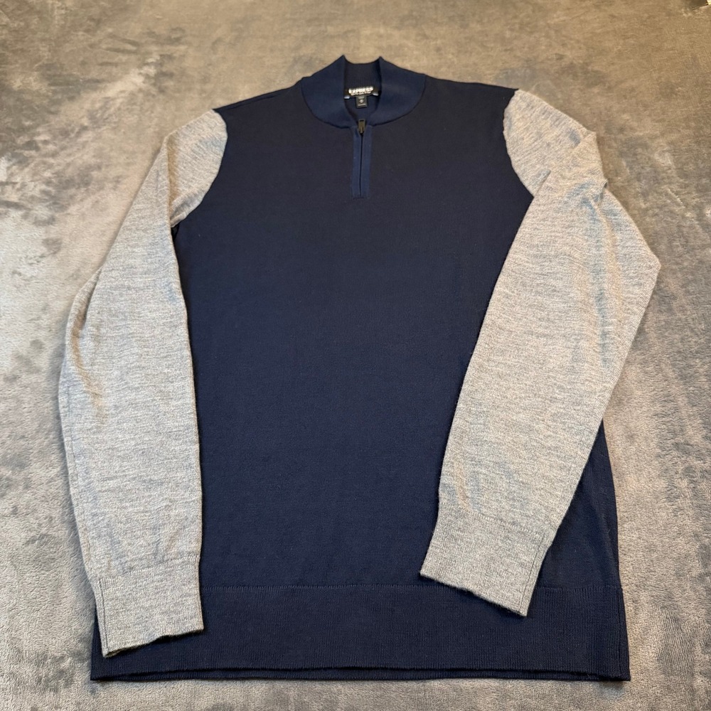 Express Merino Wool Blend Quarter Zip Sweater Mens Medium Tall Navy Gray